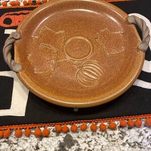 John Bauman famous clay pottery artist Fall leaves pumpkin tray 12x13 engraved